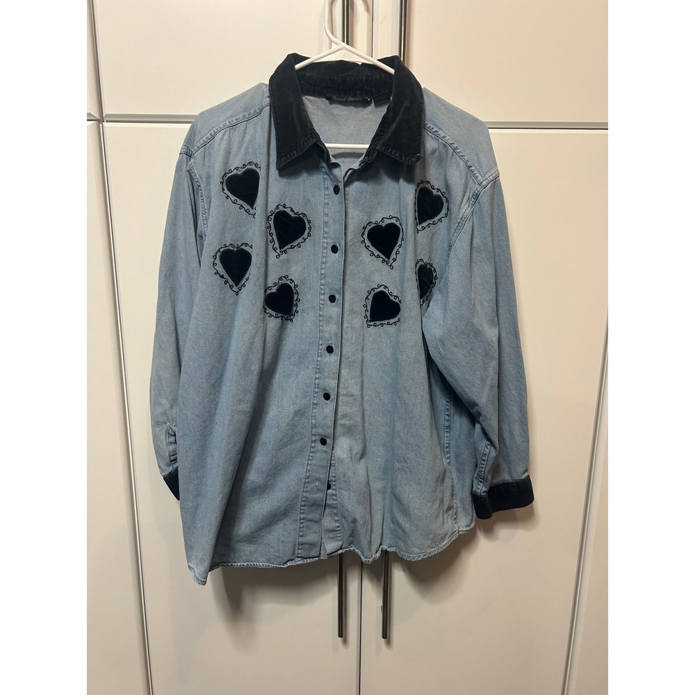 Vintage Denim Heart Applique Button Down Shirt Light Wash Blue Corduroy Size 22